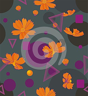 Orange cosmos flowers with geometric shapes of triangles, circles, squares