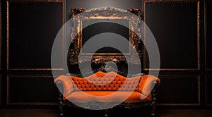 an orange couch with a frame displayed on an ornate wall