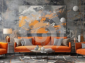 Orange couch and large painting in living rooms interior design