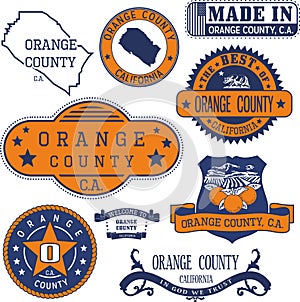 Orange county, CA. Set of stamps and signs