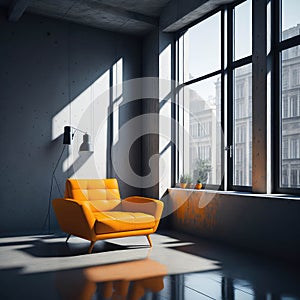 Orange Cozy Armchair in Industrial Style Interior room, Window with Sunligh, Minimalism Simple decor, Polished Concrete