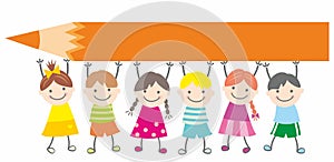 Orange crayon, banner for text, group of school children, vector illustration, eps.