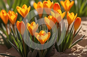 orange crocus flowers in spring in the sun