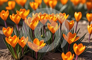 orange crocus flowers in spring in the sun