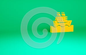 Orange Cruise ship in ocean icon isolated on green background. Cruising the world. Minimalism concept. 3d illustration