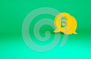 Orange Cryptocurrency coin Bitcoin icon isolated on green background. Physical bit coin. Blockchain based secure crypto