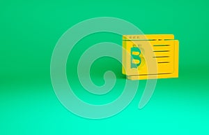 Orange Cryptocurrency coin Bitcoin icon isolated on green background. Physical bit coin. Blockchain based secure crypto