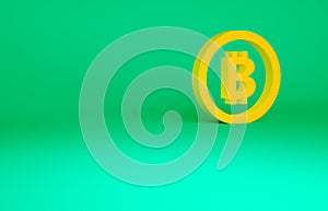 Orange Cryptocurrency coin Bitcoin icon isolated on green background. Physical bit coin. Blockchain based secure crypto