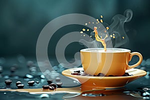 Orange cup of coffee with dynamic splash on dark background