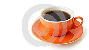 An orange cup of coffee on an orange saucer