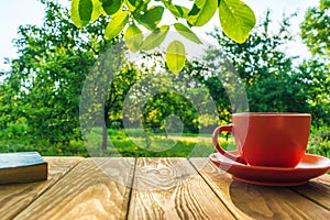 Orange cup of hot coffee and a book on a wooden table in a green garden in the morning. Summer background