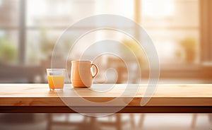 Orange cup of orange juice on wooden table in blurred background