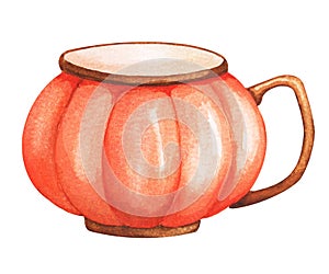 Orange cup-pumpkin. Hot drink. Autumn decor, autumn mood, cozy home. Watercolor element for the design