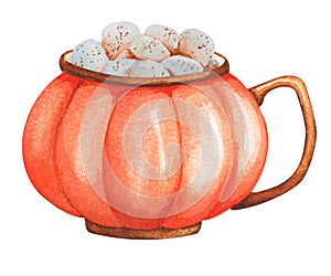 Orange cup-pumpkin. Hot drink with marshmallows. Autumn decor, autumn mood, cozy home. Watercolor element