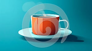 Orange cup and saucer on a blue background, isolated, generative AI.