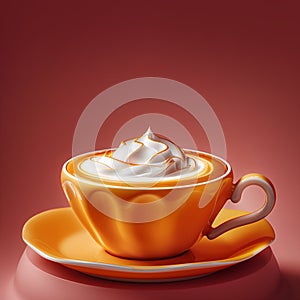 Orange cup with whipped cream on coffee against a red background