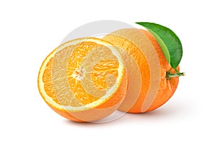 Orange with cut in half and green leaf