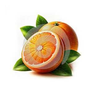 Orange with cut in half and green leaves. GenerativeAI photo