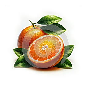 Orange with cut in half and green leaves.GenerativeAI photo