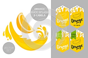 orange cut with juice splashes. Organic fruit labels tags and orange juice text. Colorful tropical stickers.