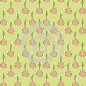 Orange cute bulb with green short onion feathers on a light positive yellow-green background texture seamless pattern