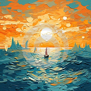 Orange Dada Seascape Abstract Painting Of A Sailboat At Sunset