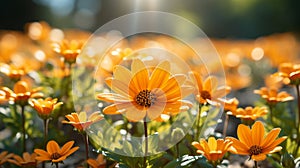 orange daisies in a field with the sun shining in the background