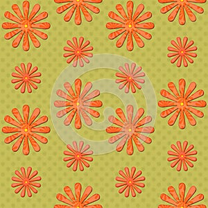 Orange daisy seamless background on green