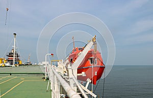 Orange davit Lifeboat Hanging on deck photo