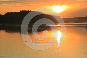 Orange dawn over the great Siberian river Biya