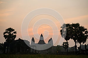 Orange dawn sunrise at Angkor Wat Temple in Cambodia. Siem reap city