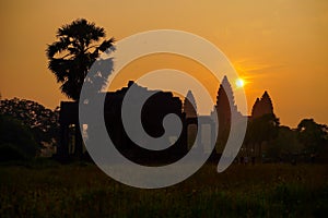 Orange dawn sunrise at Angkor Wat Temple in Cambodia. Siem reap city