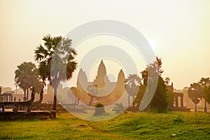 Orange dawn sunrise at Angkor Wat Temple in Cambodia. Siem reap city