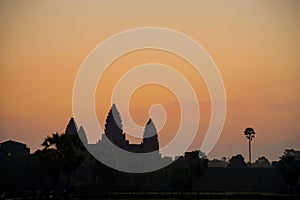 Orange dawn sunrise at Angkor Wat Temple in Cambodia. Siem reap city