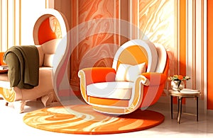 Orange daybed and armchair adjoin aphotic dejected archetypal bank with marbling poster.