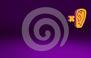 Orange Deafness icon isolated on purple background. Deaf symbol. Hearing impairment. Minimalism concept. 3d illustration