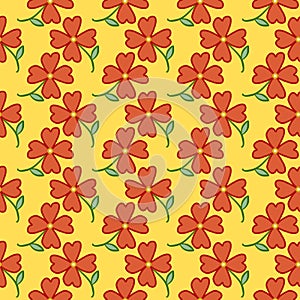 Orange decorative flowers on a yellow surface. Background illustration, decorative design for fabric or paper. Ornament modern