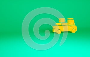 Orange Delivery truck with cardboard boxes behind icon isolated on green background. Minimalism concept. 3d illustration