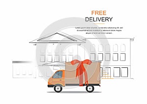 Orange delivery van with red ribbon and on city background. Product goods shipping transport. Free service truck
