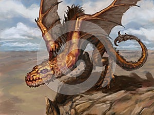 Orange desert dragon spreading its wings to jump from a cliff and fly down into the valley - digital fantasy painting