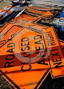 Orange Detour Signs Awaiting Deployment