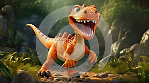 Lighthearted Animated Dinosaur Walking Through Woodland photo