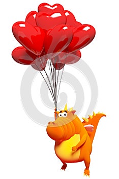 Orange dragon and balloons - red hearts