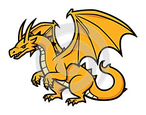 Orange dragon cartoon character with wings and tail. Fantasy creature design. Mythical animal, fire dragon drawing