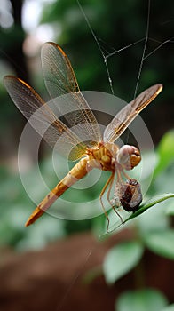 Orange dragonfly clings to leaf eating prey caught in spiderweb in a natural setting. photo