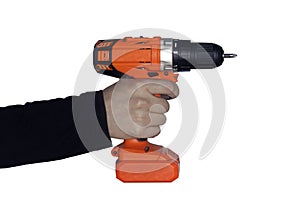 orange Drill in hand isolated. white background. tightening the screws