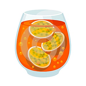 Orange drink with passion fruit slices. Vector illustration on a white background.