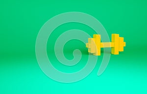 Orange Dumbbell icon isolated on green background. Muscle lifting icon, fitness barbell, gym, sports equipment, exercise