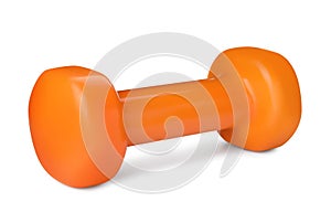 Orange dumbbell isolated on white. Weight training equipment