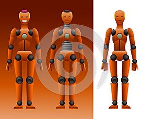 Orange dummy for crash test with pink brains & smile, mechanical mannequin, artificial intelligence concept